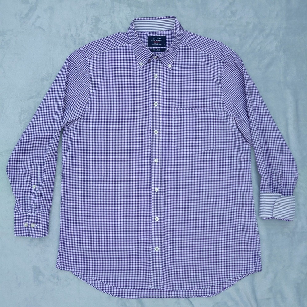 Charles Tyrwhitt Weekend Shirt Men Large Purple White Gingham Oxford Classic Fit